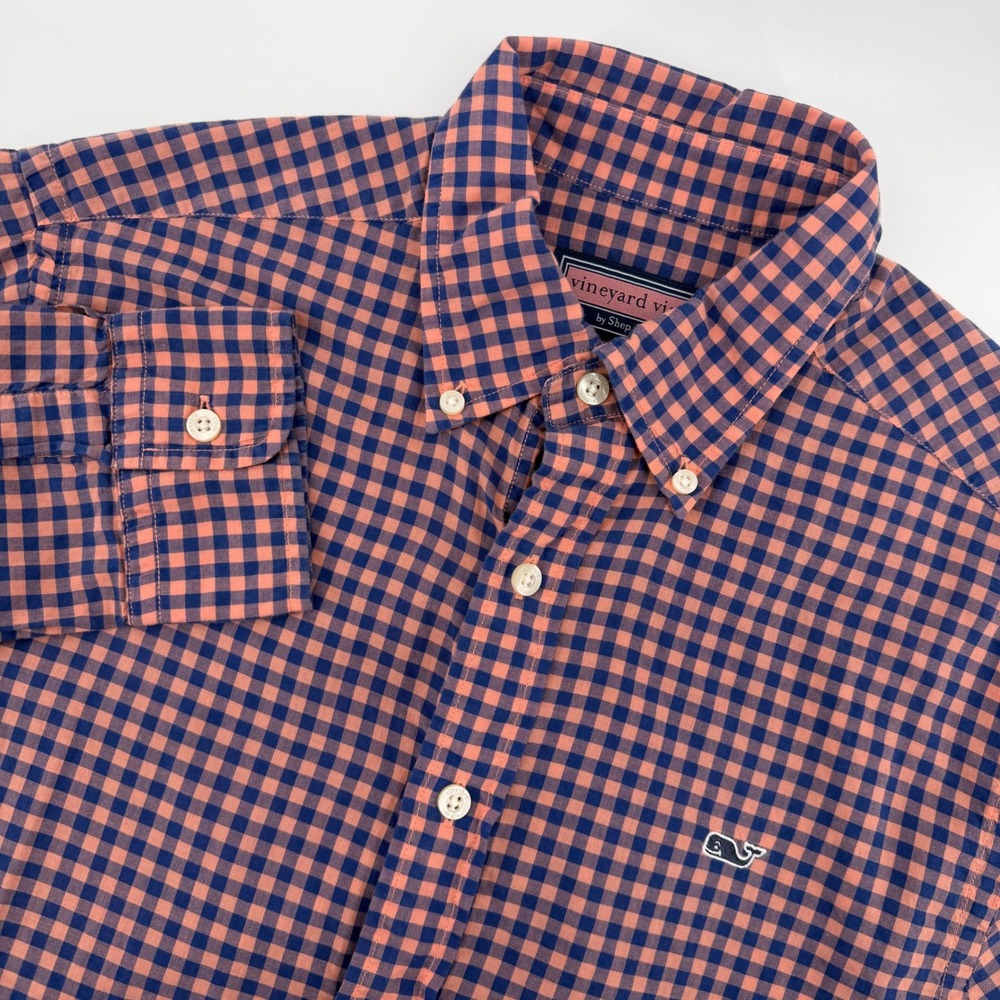 Vineyard Vines Slim Fit Whale Shirt Coral Navy Gingham Button Down Men's Small